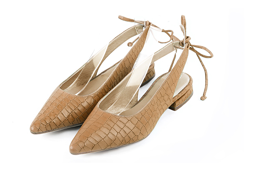 Women's camel beige elegant slingback heels. Pointed toe. Flat flare heels - Front view